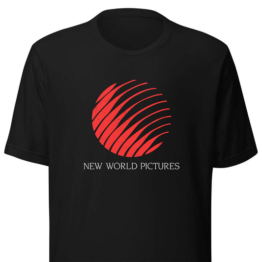 A black short-sleeve crewneck t-shirt featuring a red circular graphic made of diagonal stripes and the text 'NEW WORLD PICTURES' printed in white below it.