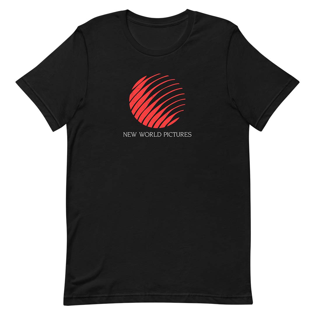 A black short-sleeve crewneck t-shirt featuring a red circular graphic made of diagonal stripes and the text 'NEW WORLD PICTURES' printed in white below it, displayed on a solid white background.