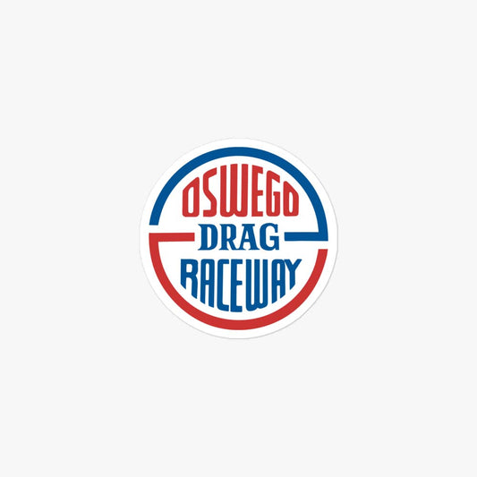 A circular sticker or decal featuring the text 'OSWEGO DRAG RACEWAY' in red and blue lettering, centered on a light gray background.