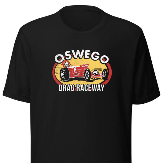 A black short-sleeve crewneck t-shirt featuring a vintage-style graphic on the chest with the text 'OSWEGO DRAG RACEWAY' and an illustration of a red race car on a yellow and orange circular background.