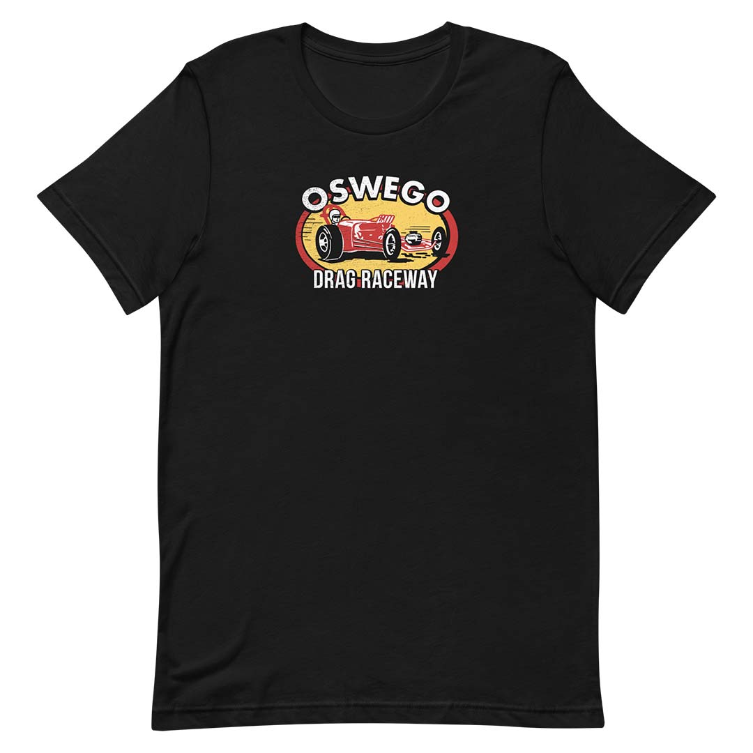 A black short-sleeve crewneck t-shirt featuring a vintage-style graphic on the chest with a red race car and the text 'OSWEGO DRAG RACEWAY'.