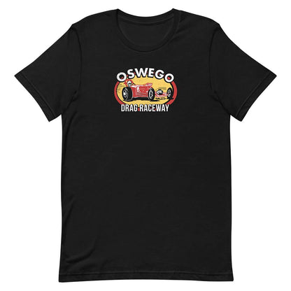 A black short-sleeve crewneck t-shirt featuring a vintage-style graphic on the chest with a red race car and the text 'OSWEGO DRAG RACEWAY'.