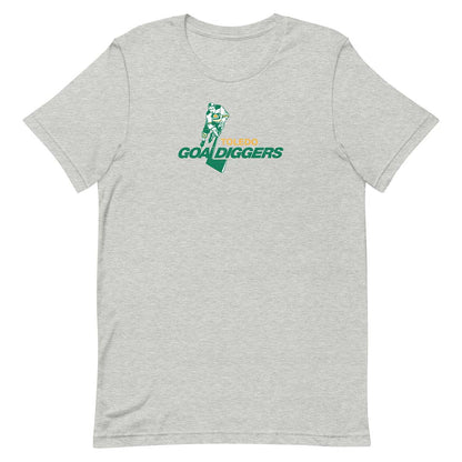 A heather gray short-sleeve crewneck t-shirt featuring a 'Toledo Goal Diggers' graphic on the chest with a football player and a green map outline.