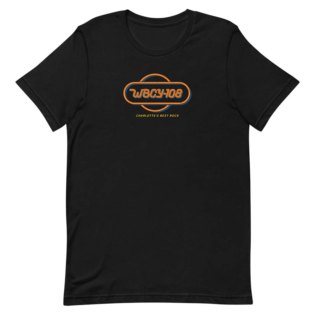 A black short-sleeve crewneck t-shirt featuring a retro-style orange and blue 'WBCY108' logo on the chest, with 'CHARLOTTE'S BEST ROCK' printed in yellow below it, set against a plain white background.