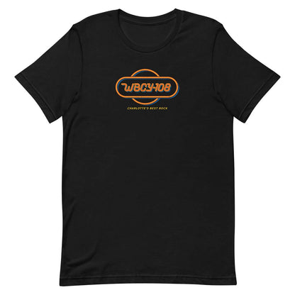 A black short-sleeve crewneck t-shirt featuring a retro-style orange and blue 'WBCY108' logo on the chest, with 'CHARLOTTE'S BEST ROCK' printed in yellow below it, set against a plain white background.