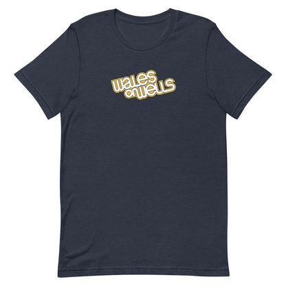 A dark navy blue short-sleeve t-shirt with a retro-style graphic on the chest reading 'wales on wells' in yellow with a white outline, displayed on a solid white background.