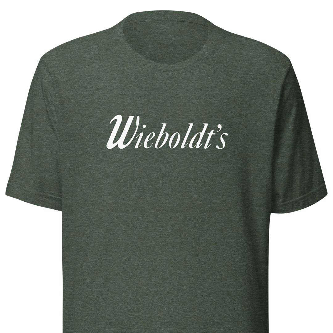 A dark heather green crewneck t-shirt featuring the word 'Wieboldt's' printed in white cursive script across the chest, shown against a plain white background.