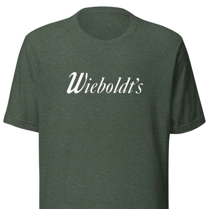 A dark heather green crewneck t-shirt featuring the word 'Wieboldt's' printed in white cursive script across the chest, shown against a plain white background.