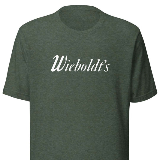 A dark heather green crewneck t-shirt featuring the word 'Wieboldt's' printed in white cursive script across the chest, shown against a plain white background.