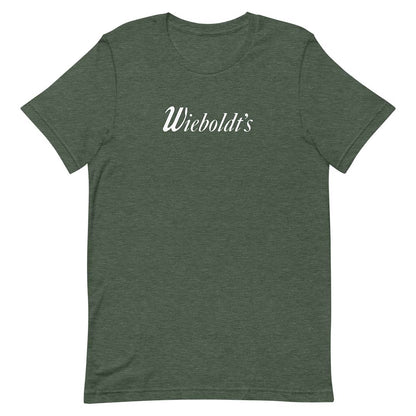 A dark heather green short-sleeve t-shirt with the name 'Wieboldi's' printed in white cursive script across the chest, displayed on a solid white background.