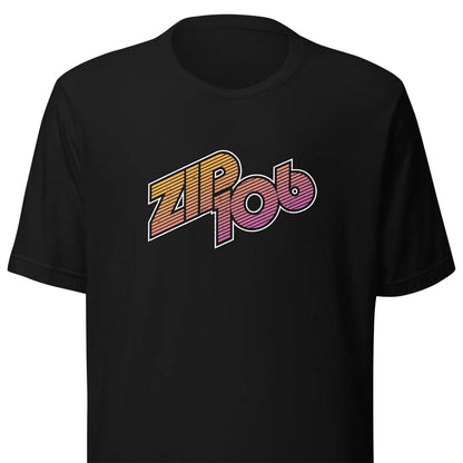 A black short-sleeve crewneck t-shirt featuring a retro-style 'ZIP 106' graphic on the chest in orange, yellow, and pink gradient colors.