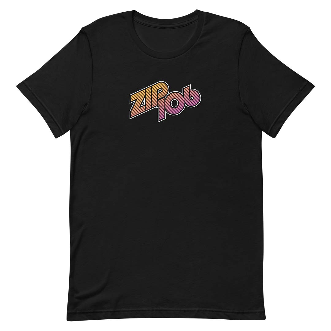 A black short-sleeve crewneck t-shirt featuring a retro-style 'ZIP 106' graphic printed on the chest in orange, yellow, and purple tones, displayed against a solid white background.