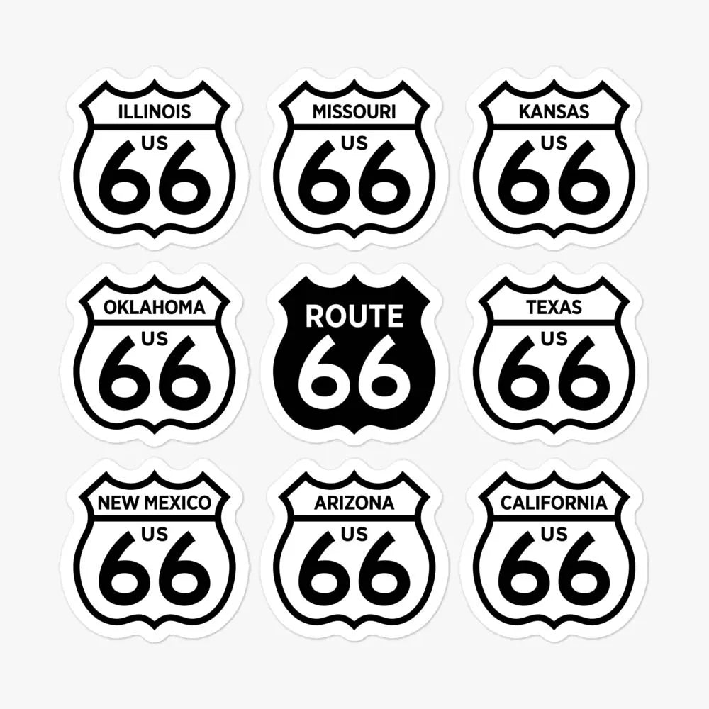 Route 66 States Sticker Sheet Illinois Missouri Kansas Oklahoma Texas New Mexico Arizona California - Bygone Brand